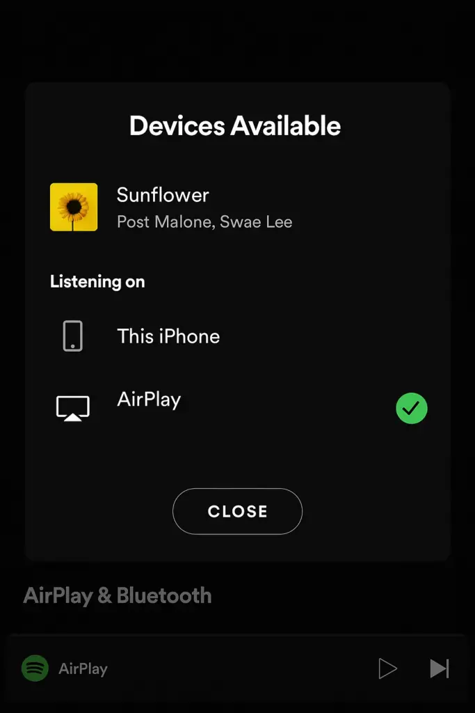 Devices Available- showing AirPlay connected - Spotify Tracker Stats Screenshot 2025